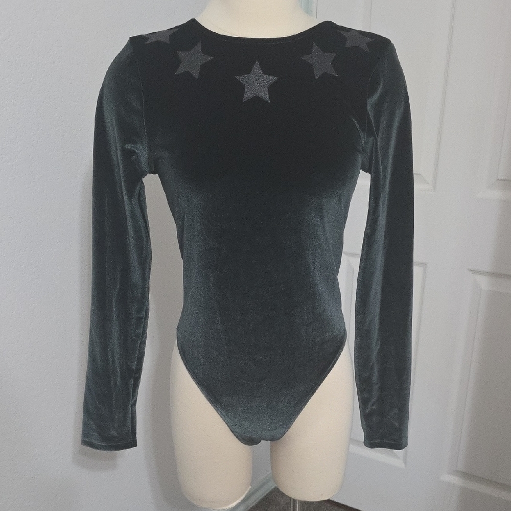 NWT Victoria's Secret Black Velvet Bodysuit with Star Details